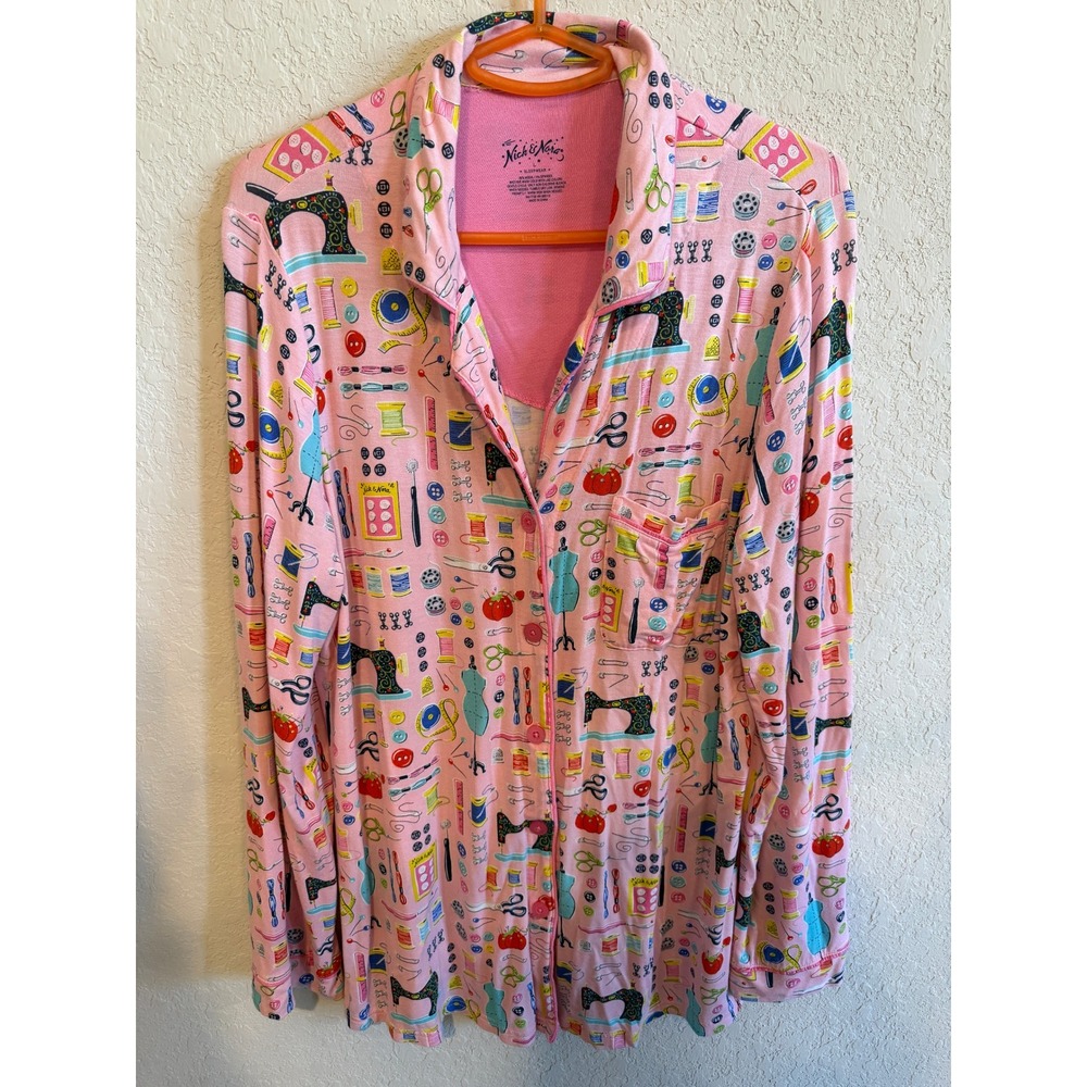 Nick and‎ Nora Women's Pajama Top Sleepwear Sewing Print Pink Long Sleeve Size L